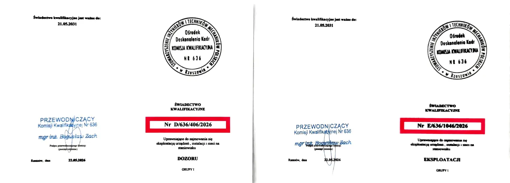 Świadectwa Kwalifikacyjne SEP Dozór i Eksploatacja - Instal Solution